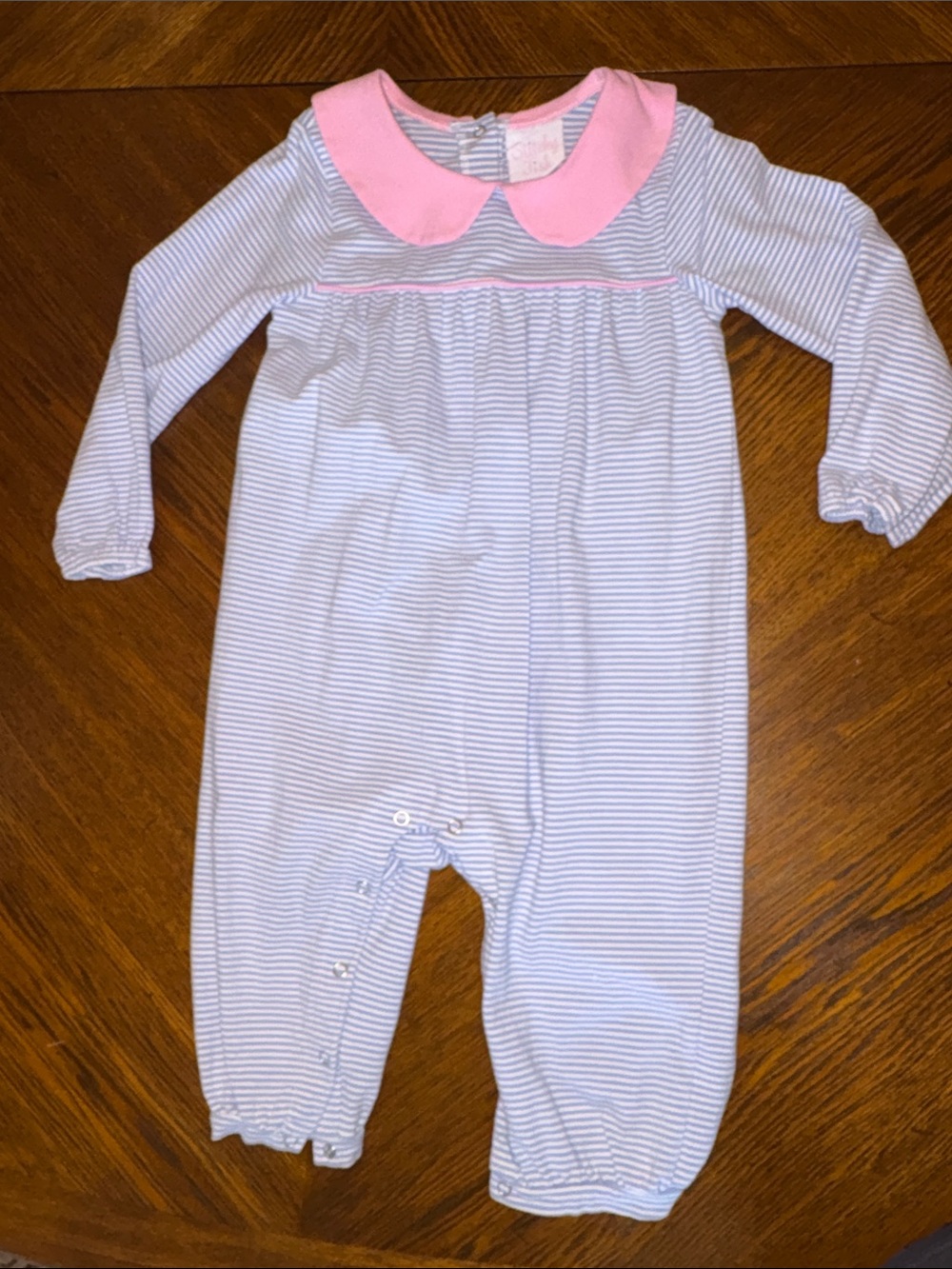 Stitchy Fish Pink Collared Blue and White Striped Romper